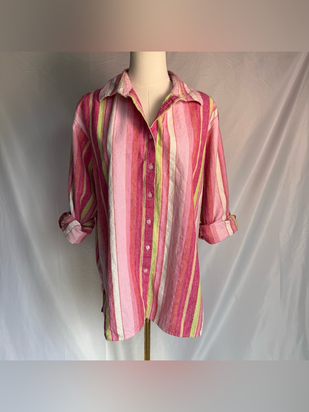 Kim Rogers Striped Linen Blend Roll Tab Sleeve Button Down Shirt Pink Green 1x